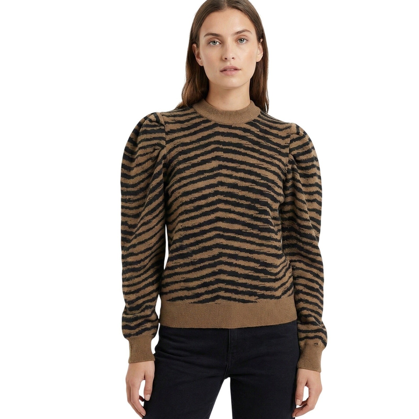 Agolde Zebra Print Puff Sleeve Mock Neck Sweatshirt Womens Xs Tan Black Casual